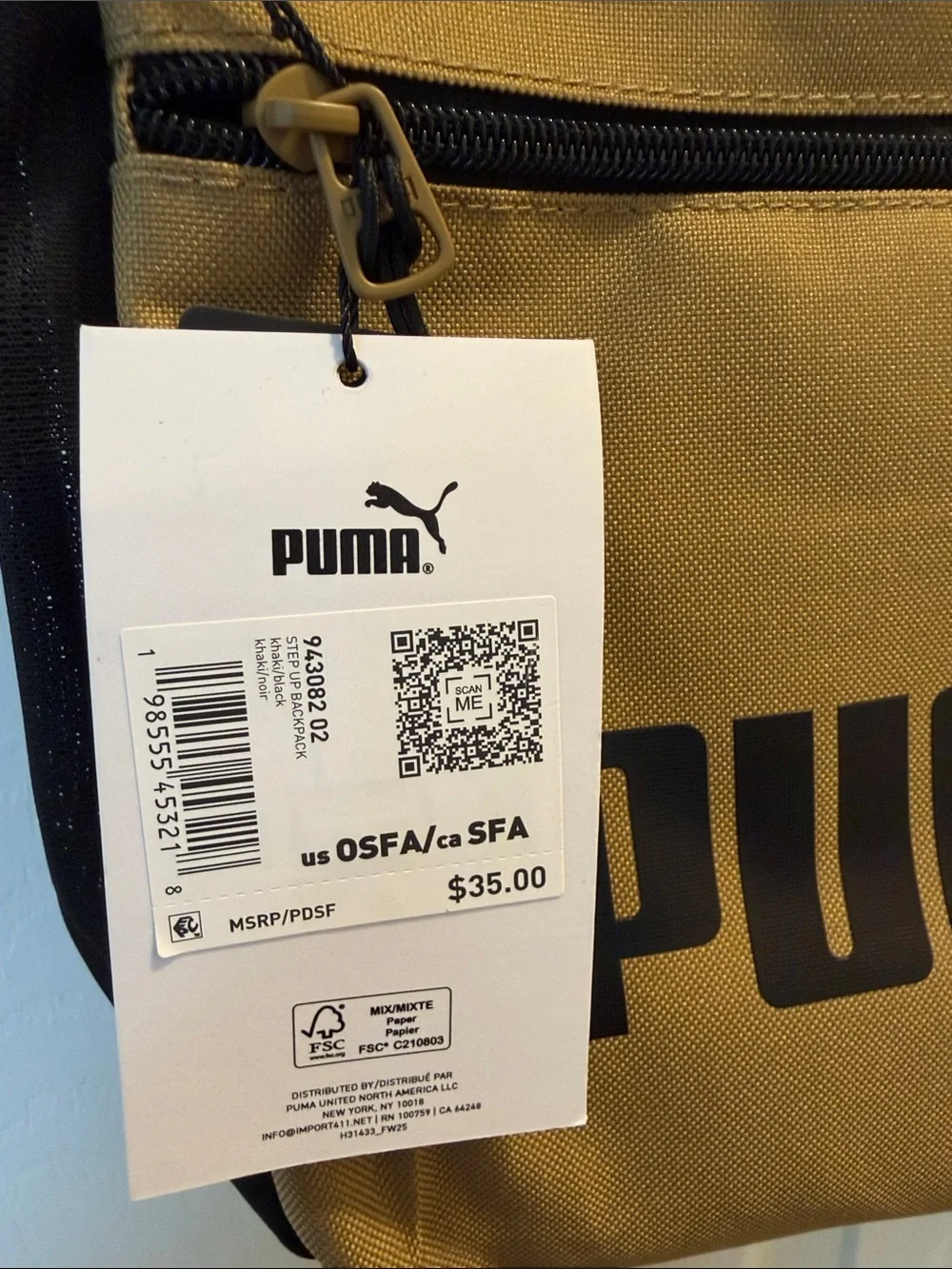 New Puma khaki and Black Logo Backpack